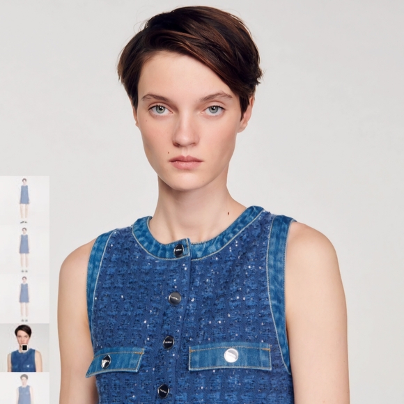 NWT Sandro Denim Glittering Tweed-effect Trapeze Dress Sleeveless Size 36 Small - Picture 7 of 11
